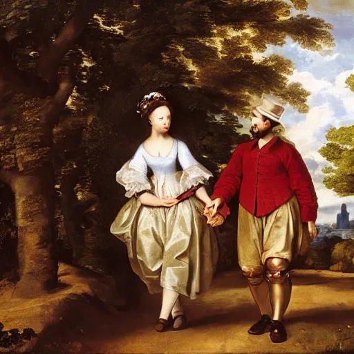 Image similar to a couple walking in central park wearing fine clothes surrounded by vegetation on fall. fine art, oil on canvas baroque style 1 6 5 6 by diego velasquez.