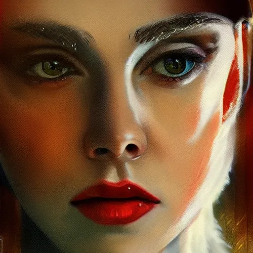 Image similar to a striking hyper real oil painting of Elle Fanning with cybernetics in the style of Blade Runner