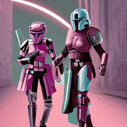 Prompt: bo katan, koska reeves, and a very fancy female mandalorian in a pink suit and bedazzled helmet. digital art. photo realistic. 4 k. intricate. detailed. by krenz cush art simon fetscher.