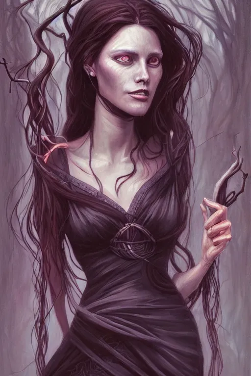 Image similar to portrait of a female wizard in flowing sensual dress, long flowing hair, delicate, looking at camera, slightly smiling, realistic face, stylish, elegant, grimdark fantasy, extremely detailed painting inspired by Gerald Brom and Simon Stalenhag, studio lighting