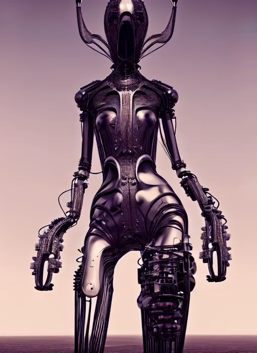 Image similar to desert, catwalk, iris van herpen gothic inflateble dark dress, perfect symmetrical body, helmet on face, full body shot, inflateble shapes, wires, tubes, veins, jellyfish, white biomechanical details, wearing epic bionic cyborg implants, masterpiece, intricate, biopunk, vogue, highly detailed, artstation, concept art, cyberpunk, octane render