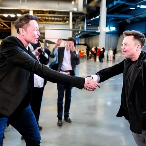 Prompt: Elon Musk high-fiving an Elon Musk clone, highly detailed, high quality, HD, 4k, 8k, Canon 300mm, professional photographer, 40mp, lifelike, top-rated, award winning, realistic, sharp, no blur, edited, corrected, trending