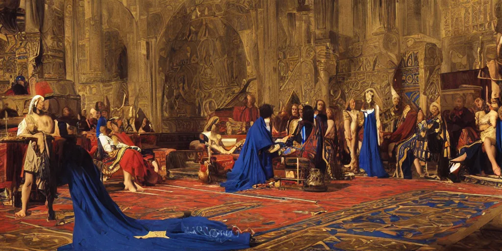 Image similar to beautiful oil matte portrait painting, ancient senators in royal crimson robes sit in tribunes of an egyptian blue palace hall, art by anders zorn, highly detailed, beautiful cinematic light deep focus, elegant, digital painting, smooth, sharp focus, golden ratio, dramatic illumination, art by artemisia lomi gentileschi and caravaggio