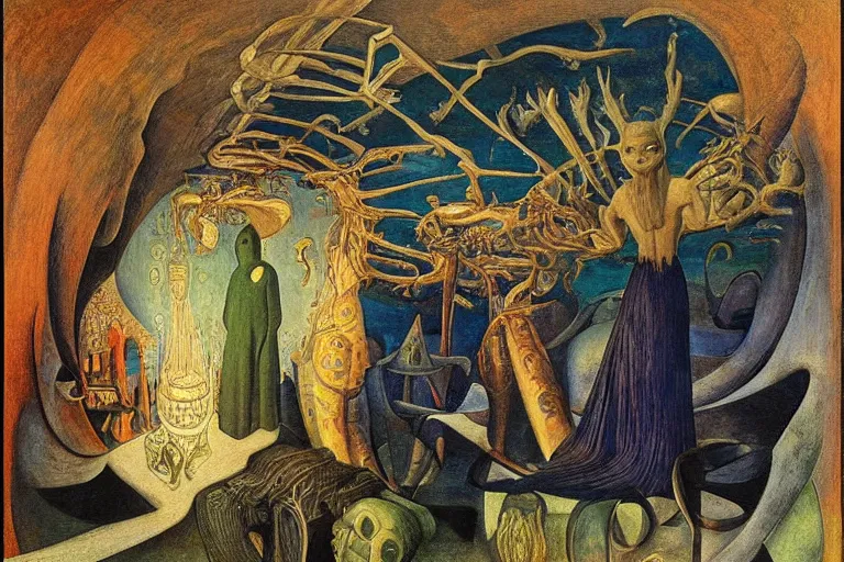 Image similar to the wake of the unseen object,by Remedios Varo and Nicholas Roerich and Adolf Wölfli and ford madox brown, symbolist, dramatic lighting, elaborate geometric ornament, cool blue and green colors, Art Brut, smooth, sharp focus, extremely detailed