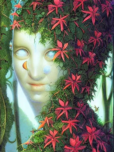 Prompt: The Hanging-Gardens of Pareidolia, lobelia, ivy, verbena and pothos growing facial features and optical-illusions, aesthetic!!!!!!!!!!!!!!!, by Chris Tulloch McCabe in the style of Gerald Brom,