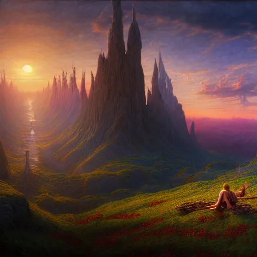 Image similar to a beautiful and highly detailed matte painting of the lost elven land of beautiful dreams, sunrise, celtic, psychedelic, epic scale, insanely complex, hyperdetailed, sharp focus, hyperrealism, artstation, cgsociety, 8 k, bright colors, by caspar friedrich, albert bierstadt, james gurney, brian froud,