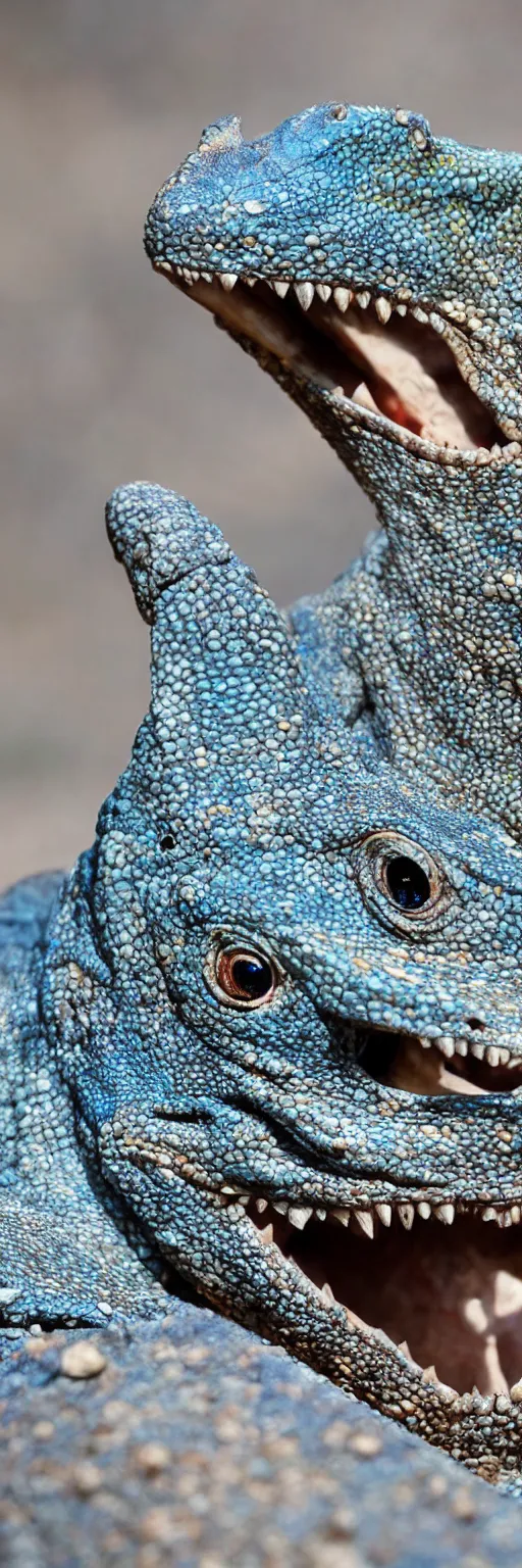 Prompt: a full bird with dinosaur features in nature on the ground, skin on head looks like realistic dull blue scales, bipedal clawed hands instead, lizard jaws with small pointy row of teeth, hyperrealistic 35mm photograph, award winning nature photo long depth of field, no feathers on head, no beak, no wings