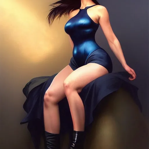 Image similar to striking character concept portrait, black caviar, sitting down with knees together, dark blue leotard costume, curvaceous. detailed, high quality, dark lighting, very high contrast with dark background, fantasy, reflective, spotlight. digital artwork by artgerm and wlop and bob ross and greg rutkowski and alphonse mucha, trending on artstation