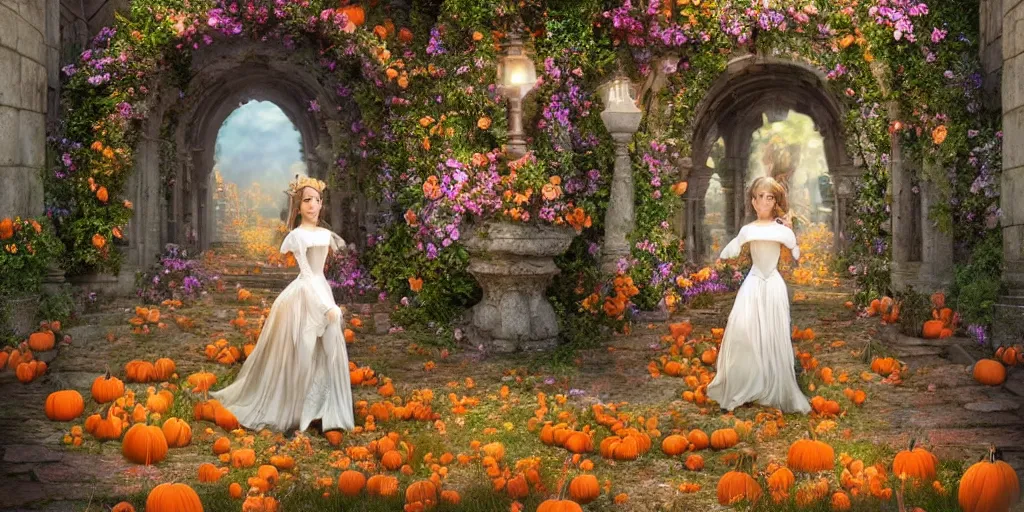 Prompt: fairytale princess entering the gates of her majestic palace of flowers , with horse driven , carriage made of pumpkins , epic scene unreal render hyperrealistic detail Star Wars fantasy art behance