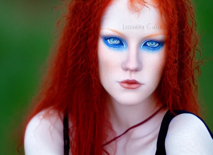 Prompt: award winning 8 5 mm close up face portrait photo of a redhead with maroon colored hair and perfect symmetrical blue human eyes in a park by luis royo.