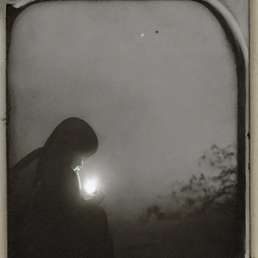 Image similar to a sad woman soul looking at his grave, night, fog, 1 9 0 0's photo