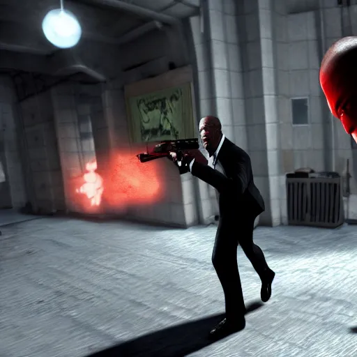 Image similar to morgan freeman being eliminated by agent 47 in the videogame Hitman blood money (2005), screenshot, 4k
