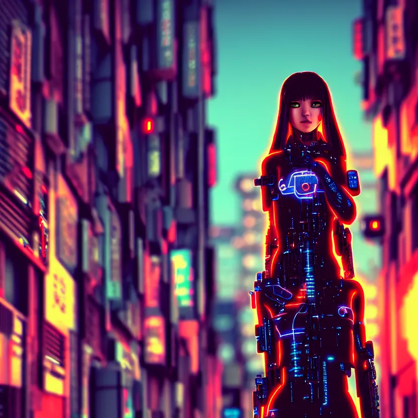 Image similar to a photo close up cyberpunk cyborg girl stands in a cyberpunk hiroshima, prefecture streets, sunset, photorealistic, cinematic lighting, very detailed, style by tomino - sama