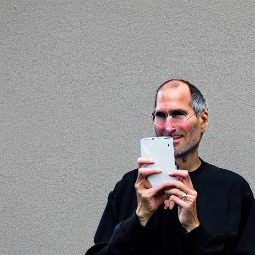 Prompt: steve jobs holding up a samsung phone, xf iq 4, f / 1. 4, iso 2 0 0, 1 / 1 6 0 s, 8 k, raw, unedited, symmetrical balance, in - frame, sharpened