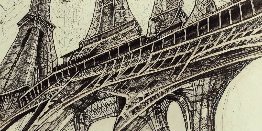 Image similar to architectural design studies of Eiffel Tower, different closeup view, drawn by Leonardo da vinci, ink and pen draw, artistic, intricated