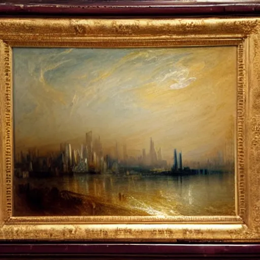 Image similar to high quality oil painting by j. m. w. turner, hudson river with manhattan skyline