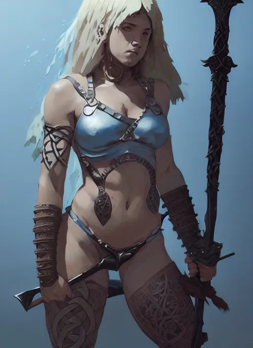 Image similar to portrait of cute muscular warrior girl cowered in celtic tattoos, dressed in armor bikini, holding a sword, dark fantasy, by atey ghailan, by greg rutkowski, by greg tocchini, by james gilleard, by joe gb fenton, by kaethe butcher, dynamic lighting, gradient light blue, brown, blonde cream and white color in scheme, grunge aesthetic