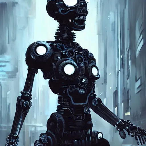 Image similar to skull - headed robot cyborg painting, illutstration, concept art, cyberpunk, futurism, comics art, artgerm, full body shot, wide angle