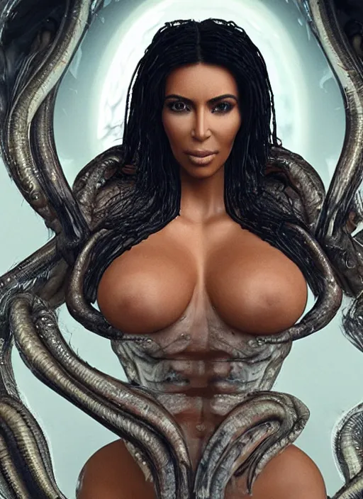 Image similar to film still of kim kardashian being licked by an xenomorph slathered in a transparent alien liquid, wet flowing hair, gooey skin, illustration, unreal engine 5, 8 k, directed by h. r. giger.