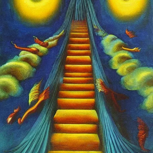 Prompt: “ stairway to heaven, oil painting by remedios varo, bright colors, epic scale ”