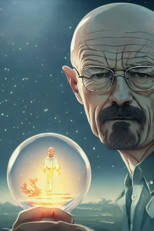 Image similar to walter white floating inside a glimmering crystal ball, high intricate details, rule of thirds, golden ratio, cinematic light, 8 k, octane render, anime style, graphic novel by fiona staples and dustin nguyen, art by beaststars and orange, peter elson, alan bean, studio ghibli, makoto shinkai