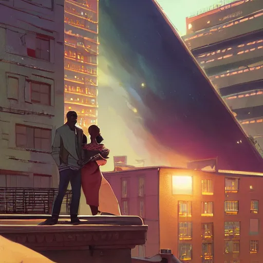 Image similar to highly detailed portrait of a black couple on the rooftop, synthwave city, stephen bliss, unreal engine, fantasy art by greg rutkowski, loish, rhads, ferdinand knab, makoto shinkai and lois van baarle, ilya kuvshinov, rossdraws, tom bagshaw, global illumination, radiant light, detailed and intricate environment