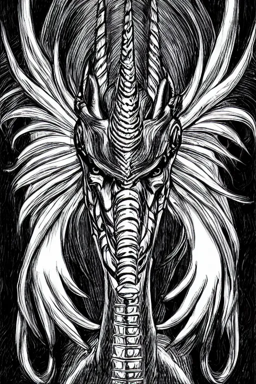 Image similar to evil unicorn, symmetrical, highly detailed, digital art, sharp focus, trending on art station, kentaro miura manga art style