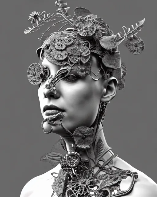 Image similar to monochrome 3 d model, 1 8 7 0 picture, silver mesh floral steampunk biomechanical beautiful young female cyborg with porcelain profile face and a techno eye, volumetric light, leaves foliage and stems, hibiscus flowers, sinuous fine roots, fine foliage lace, alexander mcqueen, rim light, big gothic fashion pearl embroidered collar, octane render, 8 k