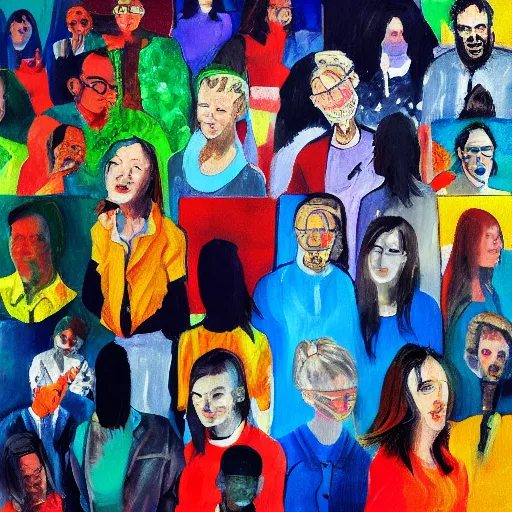 Image similar to “ a painting of everyone on this discord in front of their computer typing in text prompts to create ai generated art ”