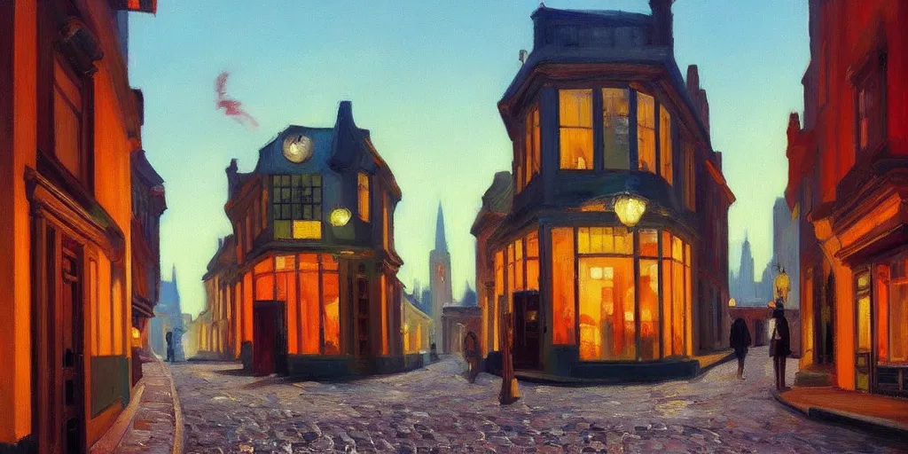 Prompt: a beautiful oil painting of a steampunk city cobblestone streets, painted by Edward Hopper, colorful, 4k,Trending on artstation