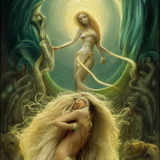 Image similar to birth of mami wata, sumerian goddess inanna ishtar, ashteroth, techno mystic goddess princess intergalactica, with aqua neon rapunzel dreadlocks, mami wata, detailed, by gaston bussiere, bayard wu, greg rutkowski, giger, maxim verehin, greg rutkowski, masterpiece, sharp focus,