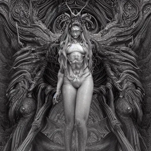 Image similar to Photorealistic demon goddess in the style of Michael Whelan and Gustave Dore. Hyperdetailed photorealism, 108 megapixels, amazing depth, glowing rich colors, powerful imagery, psychedelic Overtones, 3D finalrender, 3d shading, cinematic lighting, symmetry, artstation concept art