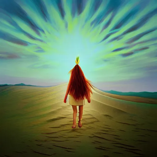 Image similar to closeup giant dahlia flower under the head, girl walking between dunes, surreal photography, sunrise, blue sky, dramatic light, impressionist painting, digital painting, artstation, simon stalenhag