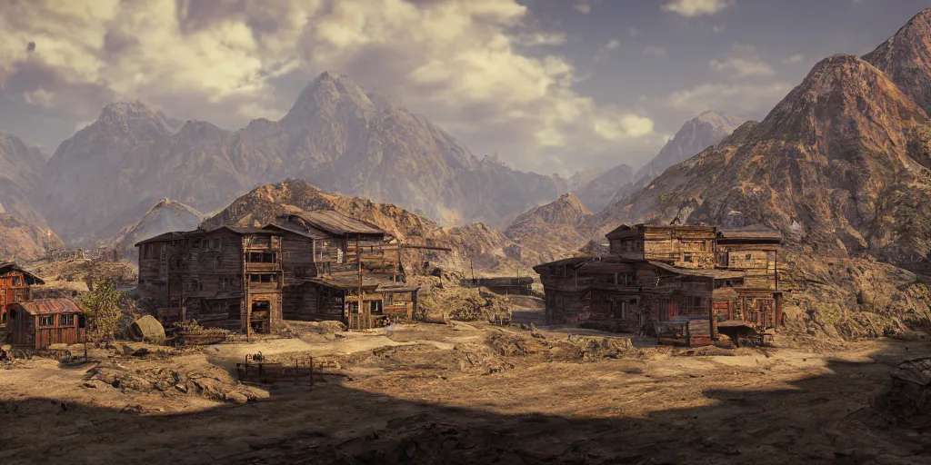 Image similar to old mining town, landscape, 8 k uhd, unreal engine, octane render in the artstyle of kuindzhi