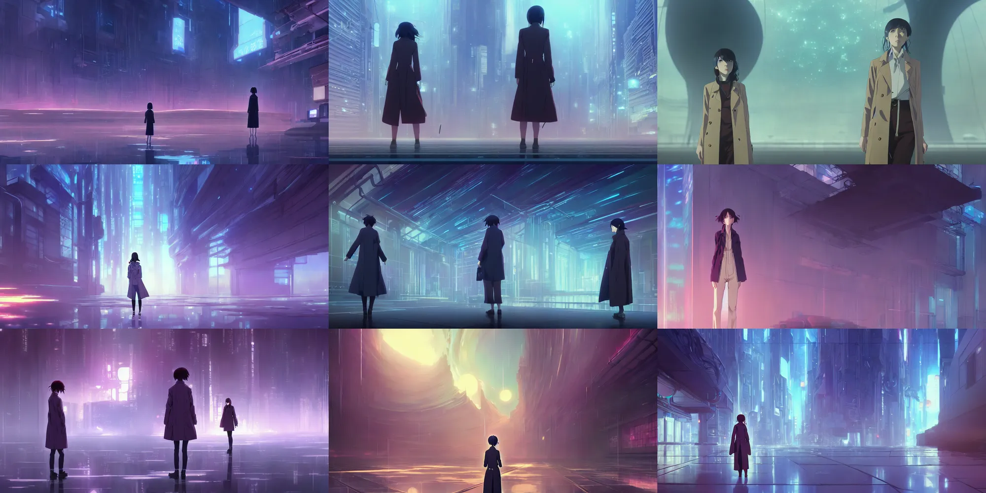 Prompt: a high definition screenshot from the haunting and strange science fiction neo noir anime anime anime film ; a female detective wearing a trenchcoat investigates a strange and ethereal dreamscape, digital painting by makoto shinkai, moebius moebius, surrealism, trending on artstation