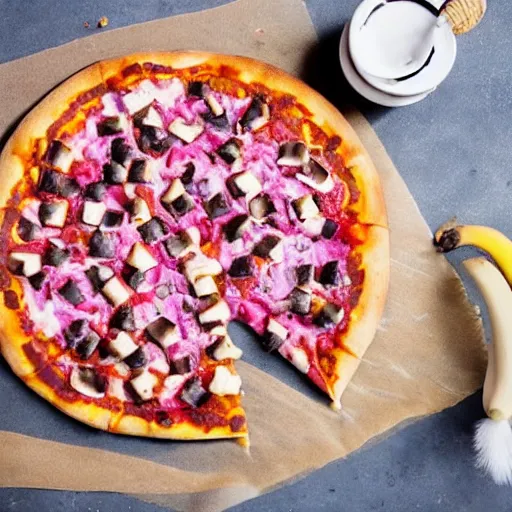 Image similar to unicorn pizza with banana and candy floss topping