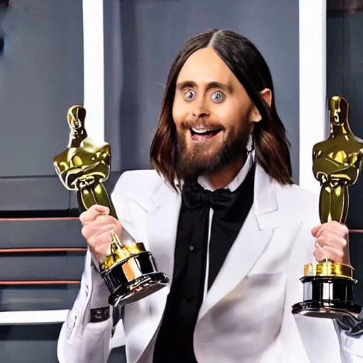 Prompt: jared leto in a bathtub full of oscars after his performance in morbius