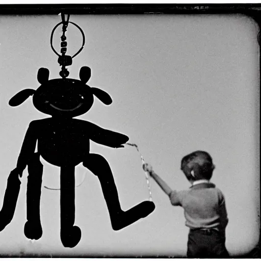 Prompt: vintage photograph of freddy fazbear being dangled by a helicopter