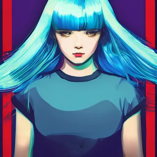 Prompt: ilya kuvshinov with long hair, sky blue hair, hazel eyes, boyish face, professional digital painting, concept art, award - winning photography, cinematic, stained glass window, tarot card, awe, regal, wlop, art by andy warhol, pixiv art, yoshitaka amano, ghostly ripples