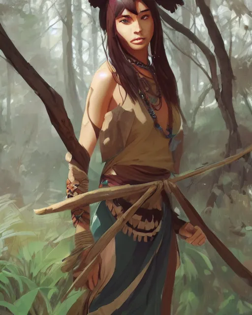 Image similar to a tribeswoman standing in the woods. By Makoto Shinkai, Stanley Artgerm Lau, WLOP, Rossdraws, James Jean, Andrei Riabovitchev, Marc Simonetti, krenz cushart, Sakimichan, D&D trending on ArtStation, digital art.