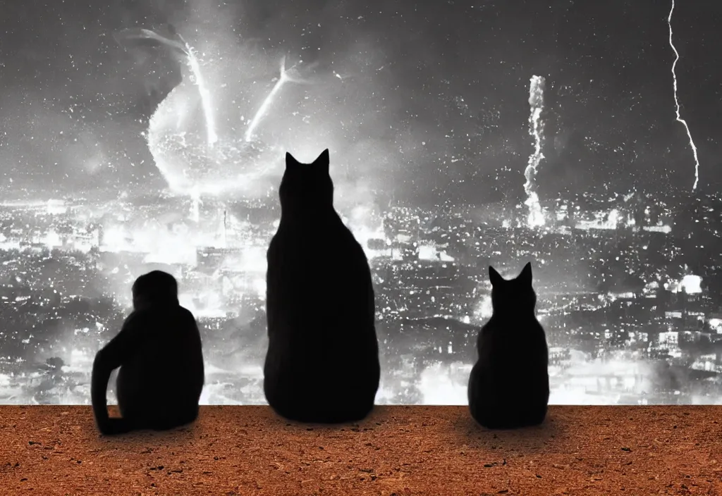 Image similar to old man sitting with black cat watching nuke explosion close up shot from behind, cinematic movie close up shot from behind, background blur bokeh, world ending nuke, 4 k