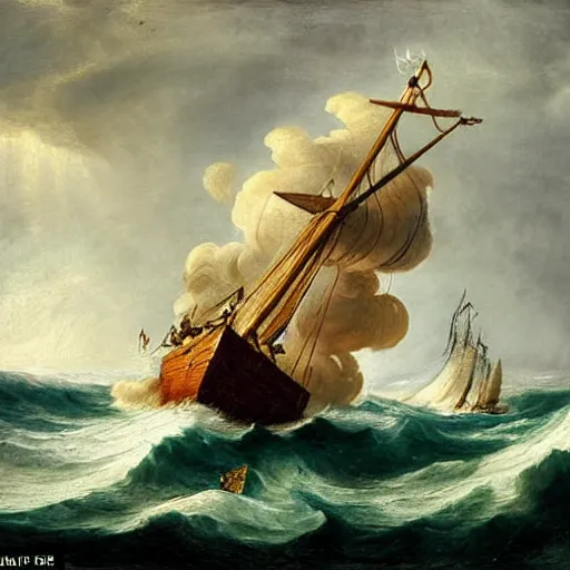 Image similar to a medieval vessel sailing the sea in a rough storm, sailors frantically pulling at ropes and tying the sails, large waves crashing and lightning striking in the distance, dark great clouds swirling above, detailed and oil painting