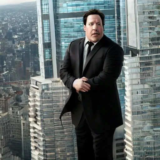 Image similar to Clean-shaven Jon Favreau as Happy Hogan wearing a black suit and black necktie and black dress shoes is climbing up a tall building in an urban city.