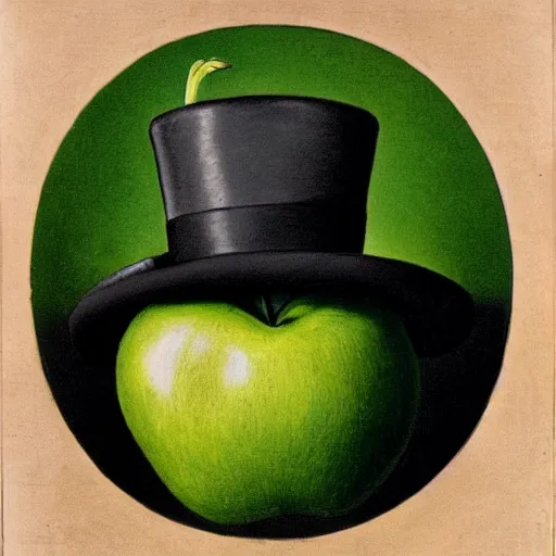 Prompt: Victorian gentlemen wearing a bowler hat looking on a green apple, in the style of rene magritte