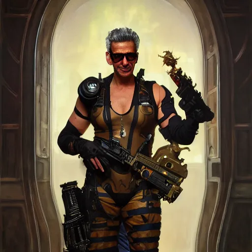 Image similar to full portrait of jeff goldblum as duke nukem, fantasy, d & d, intricate, detailed, by by alphonse mucha, adolfo hohenstein, alice russell glenny, stanley artgerm lau, greg rutkowski, detailed, trending on artstation, trending on artstation, smooth