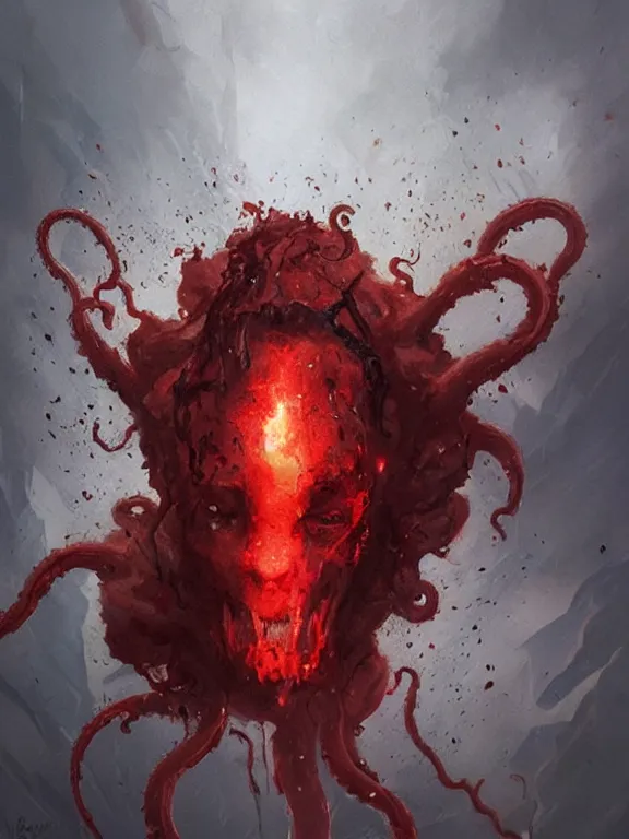 Image similar to painting by greg rutkowski of a flying human head with tears running down it's face face that is chalk white in color, with tentacles coming of the neck, fiery scorching red eyes, flying in a terrying hellish dark cavernous place
