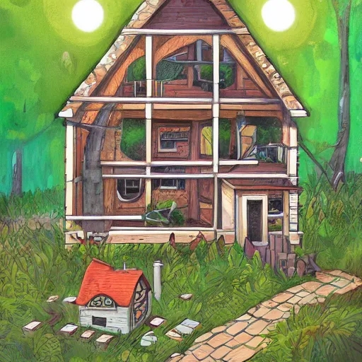 Prompt: a house with a facade full of holes, lush canadian forest in the background, childrens book art, trending on artstation, illustration