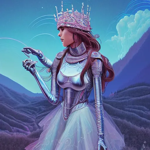 Prompt: ethereal cybernetic princess in the mountains, extremely detailed, sharp focus, wide view, full body shot, smooth, digital illustration, by lisa perrin!!!!, dan mumford, james jean, by rossdraws, frank franzzeta, sakimichan