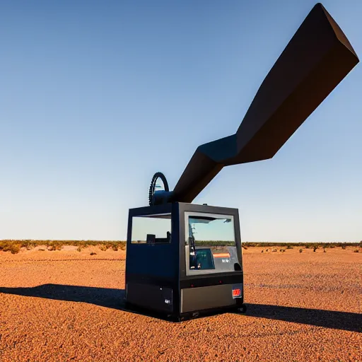 Prompt: flying industrial 3d printer with giant extrusion nozzle in the australian desert, XF IQ4, 150MP, 50mm, F1.4, ISO 200, 1/160s, dawn