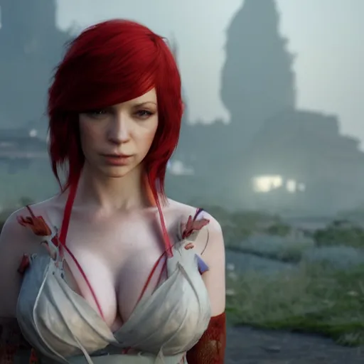 Prompt: a gaming screenshot portrait still of christina hendricks as scarlet in final fantasy, moebius, greg rutkowski, zabrocki, karlkka, jayison devadas, phuoc quan, trending on artstation, 8 k, ultra wide angle, video game graphics, realistic unreal engine 3 d game, zenith view, cyberpunk pincushion lens effect